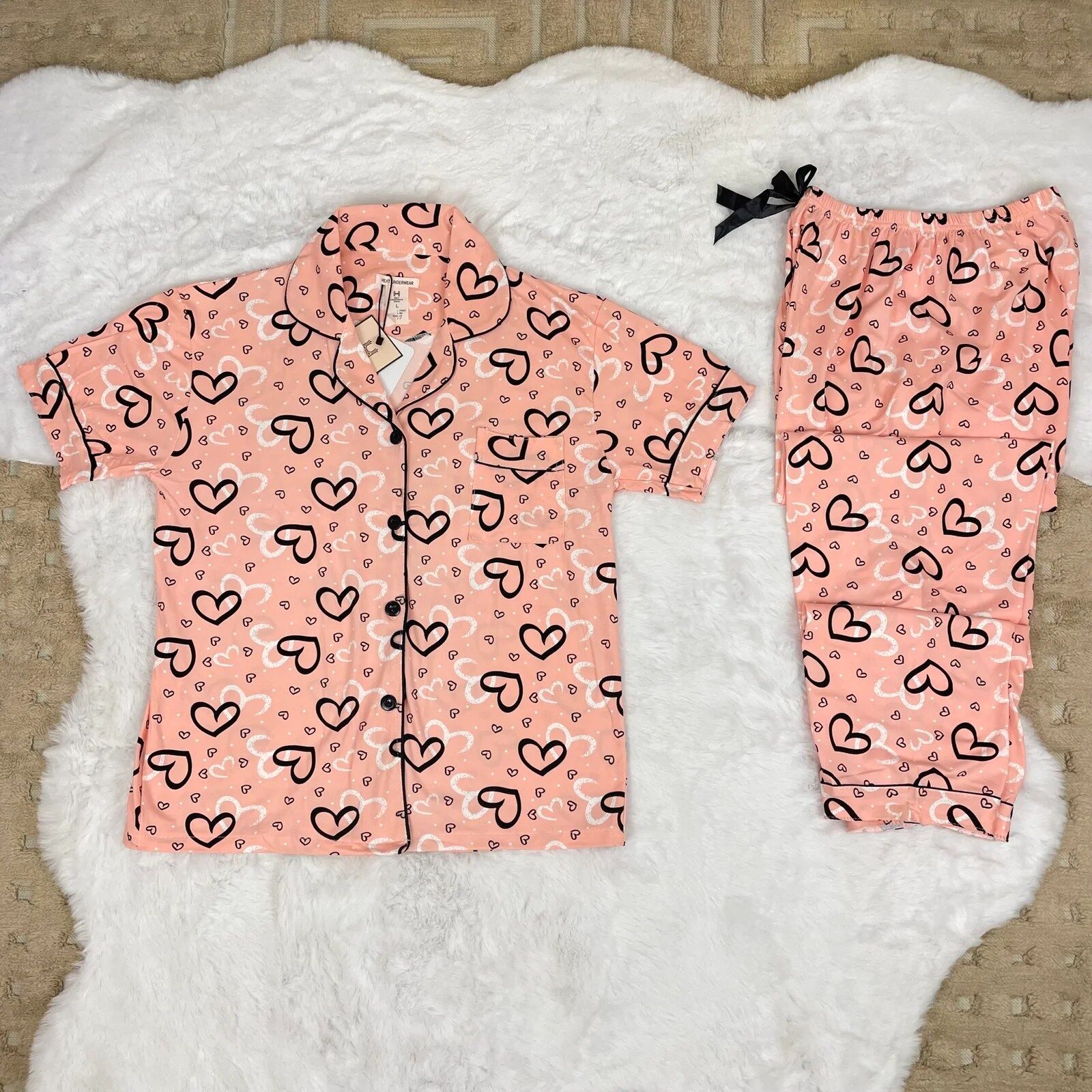 Pyjama boutonné demi manche H rose pêche coeurs HW10025